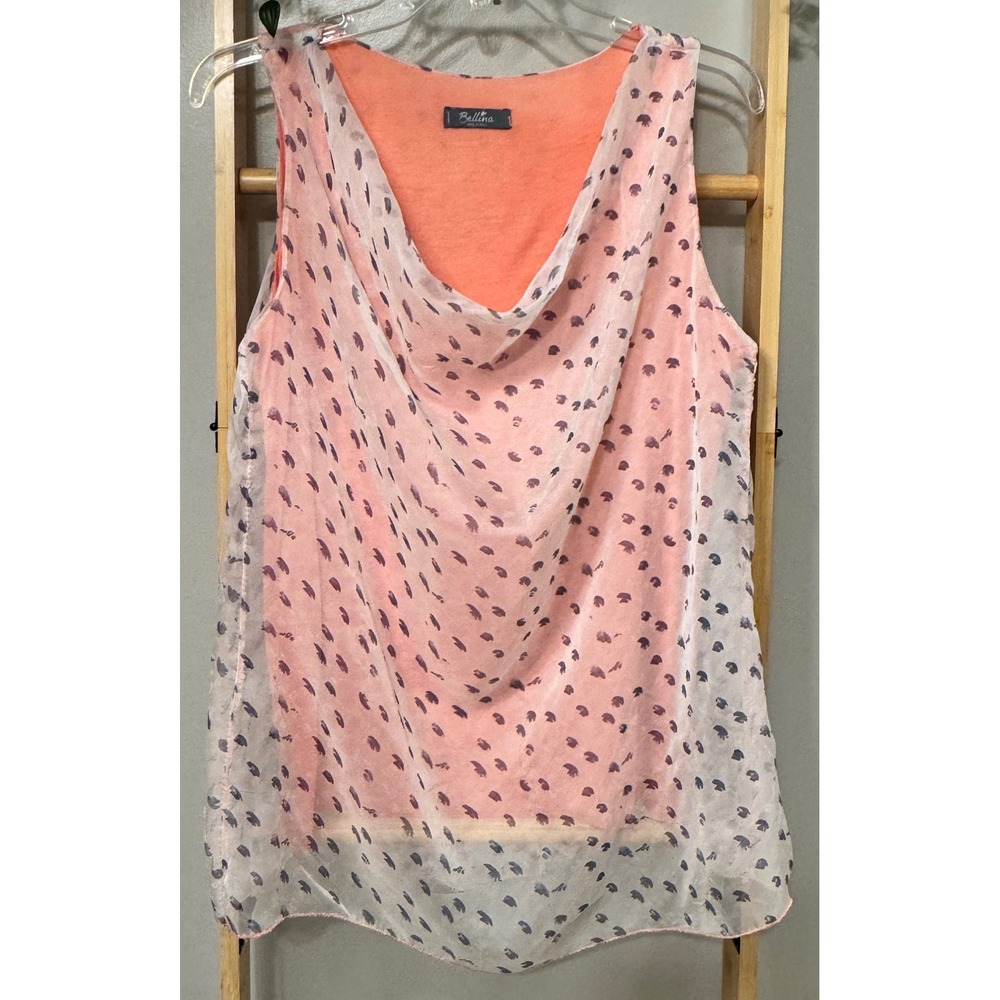 Bellina Made in Italy Silk Layered Sleeveless Top Coral Pink Cowl Neck Sz M EUC
